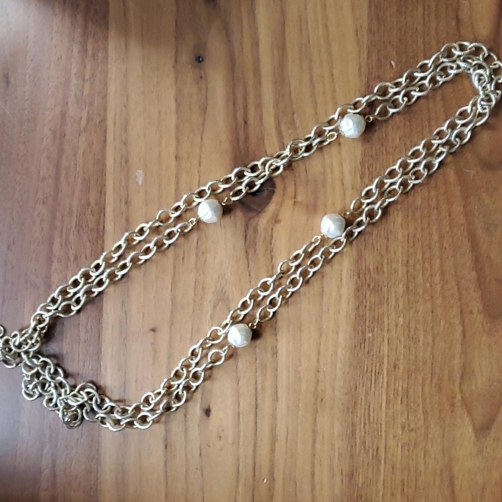 Extra Long Vintage Gold-Style and Pearl-Style Bead Necklace